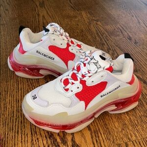 Balenciaga White & Red Triple S Chunky Sneakers